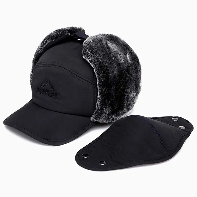 A stylish winter bomber hat for men and women, featuring ear protection and face coverage, made from high-quality cotton and polyester.