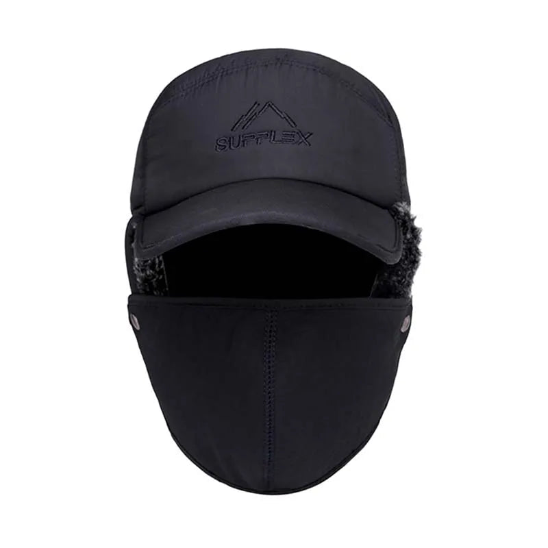 A stylish winter bomber hat for men and women, featuring ear protection and face coverage, made from high-quality cotton and polyester.