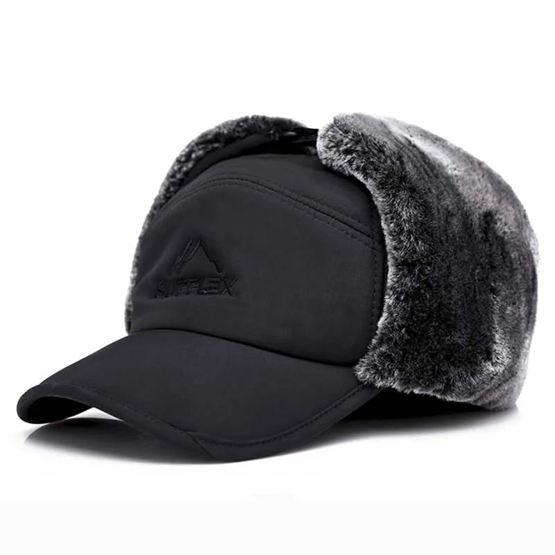 A stylish winter bomber hat for men and women, featuring ear protection and face coverage, made from high-quality cotton and polyester.