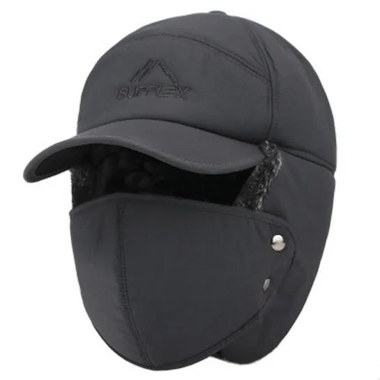 A stylish winter bomber hat for men and women, featuring ear protection and face coverage, made from high-quality cotton and polyester.