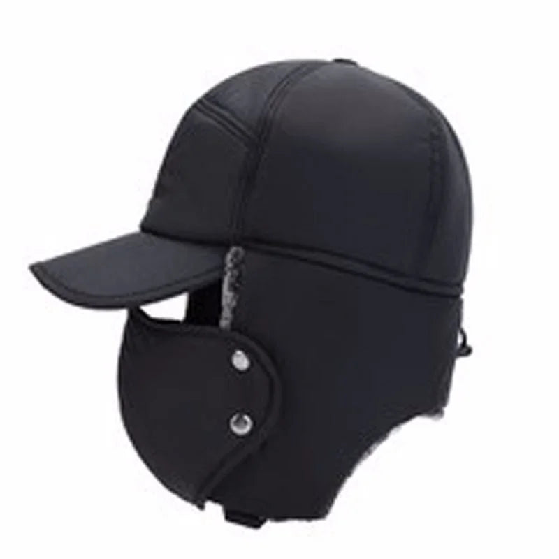 A stylish winter bomber hat for men and women, featuring ear protection and face coverage, made from high-quality cotton and polyester.