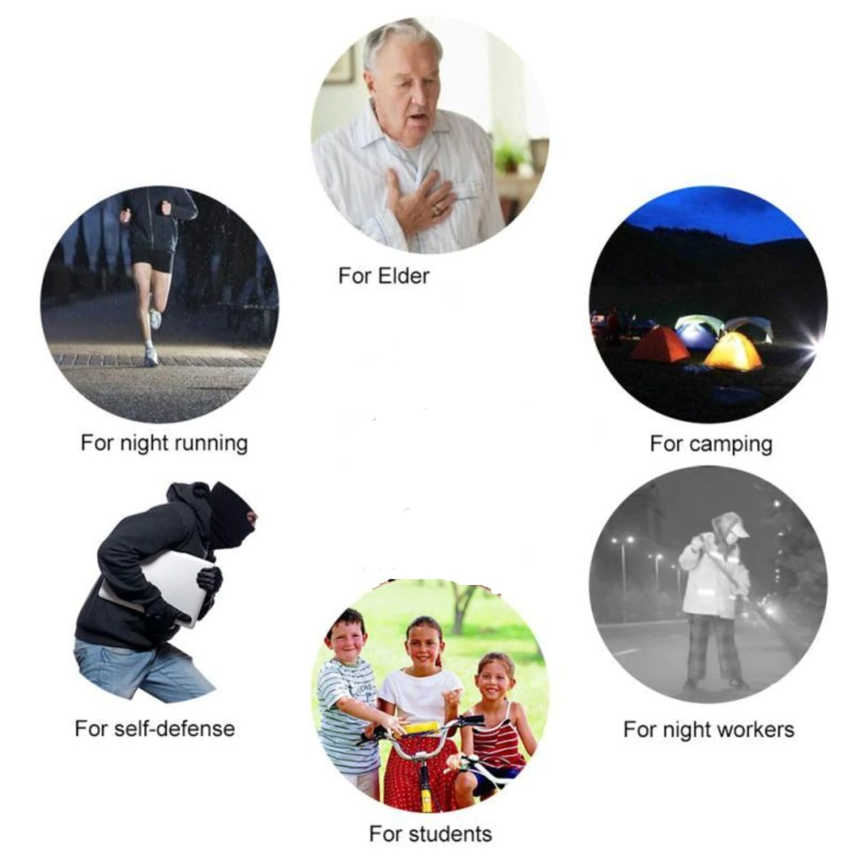 Two personal safety alarms in black and pink, featuring a keychain design for easy attachment and a dual speaker system for loud 120dB sound.