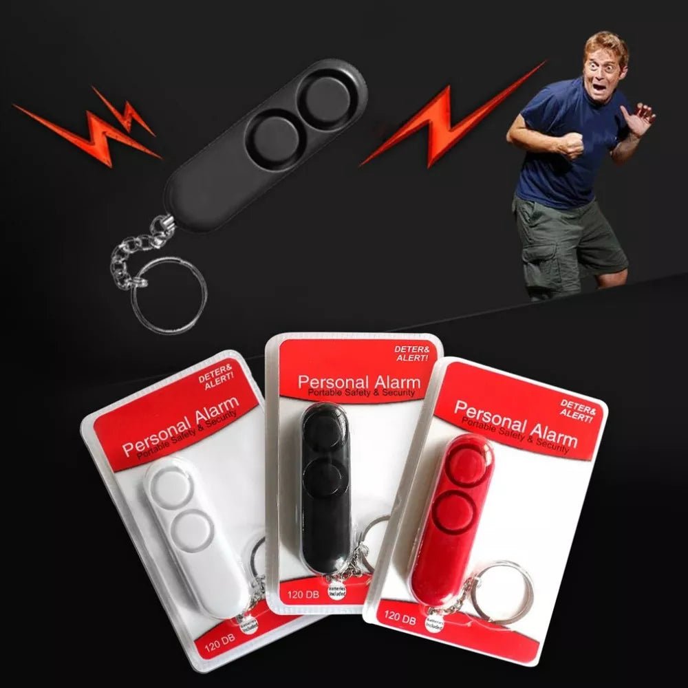 Two personal safety alarms in black and pink, featuring a keychain design for easy attachment and a dual speaker system for loud 120dB sound.