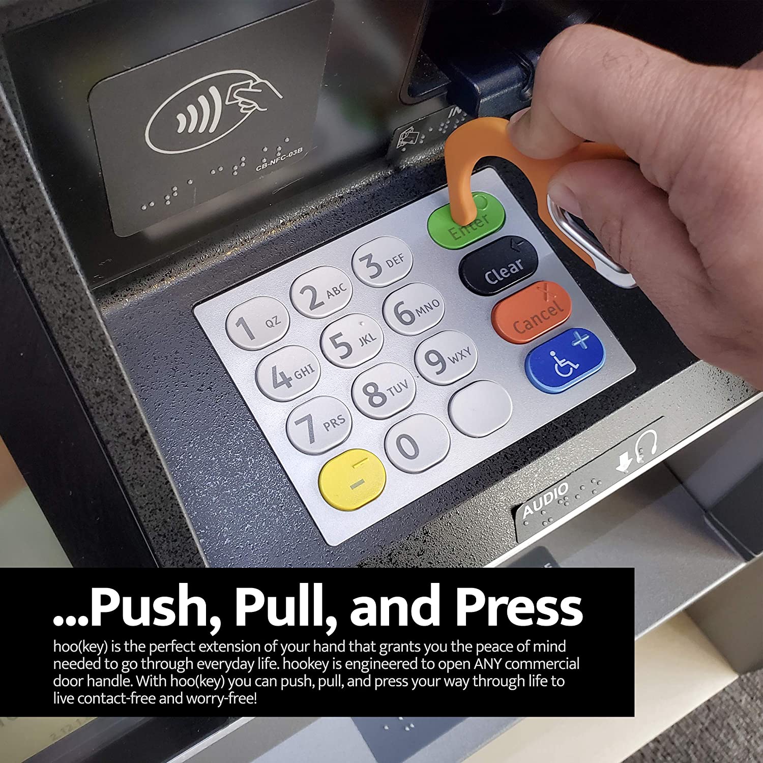 No Touch Door Opener Keychain Tool in silicone, showcasing its ergonomic design and antimicrobial features, ideal for contact-free use.