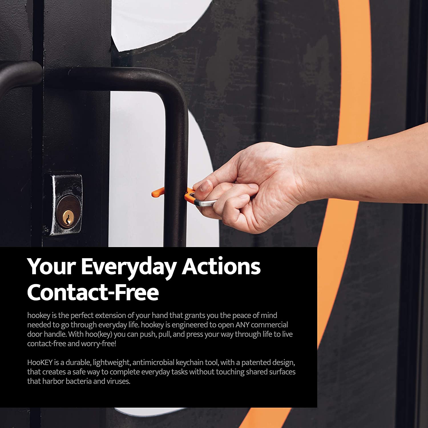 No Touch Door Opener Keychain Tool in silicone, showcasing its ergonomic design and antimicrobial features, ideal for contact-free use.