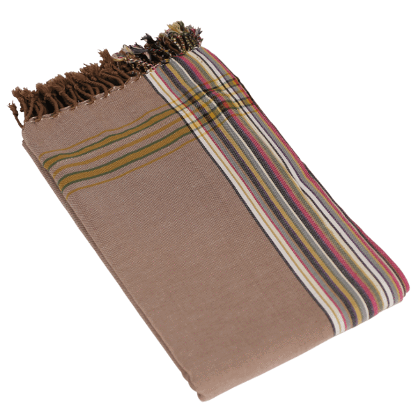 A beautifully woven African Kikoi Wrap in brown, showcasing its versatility as a beach cover-up and stylish shawl.