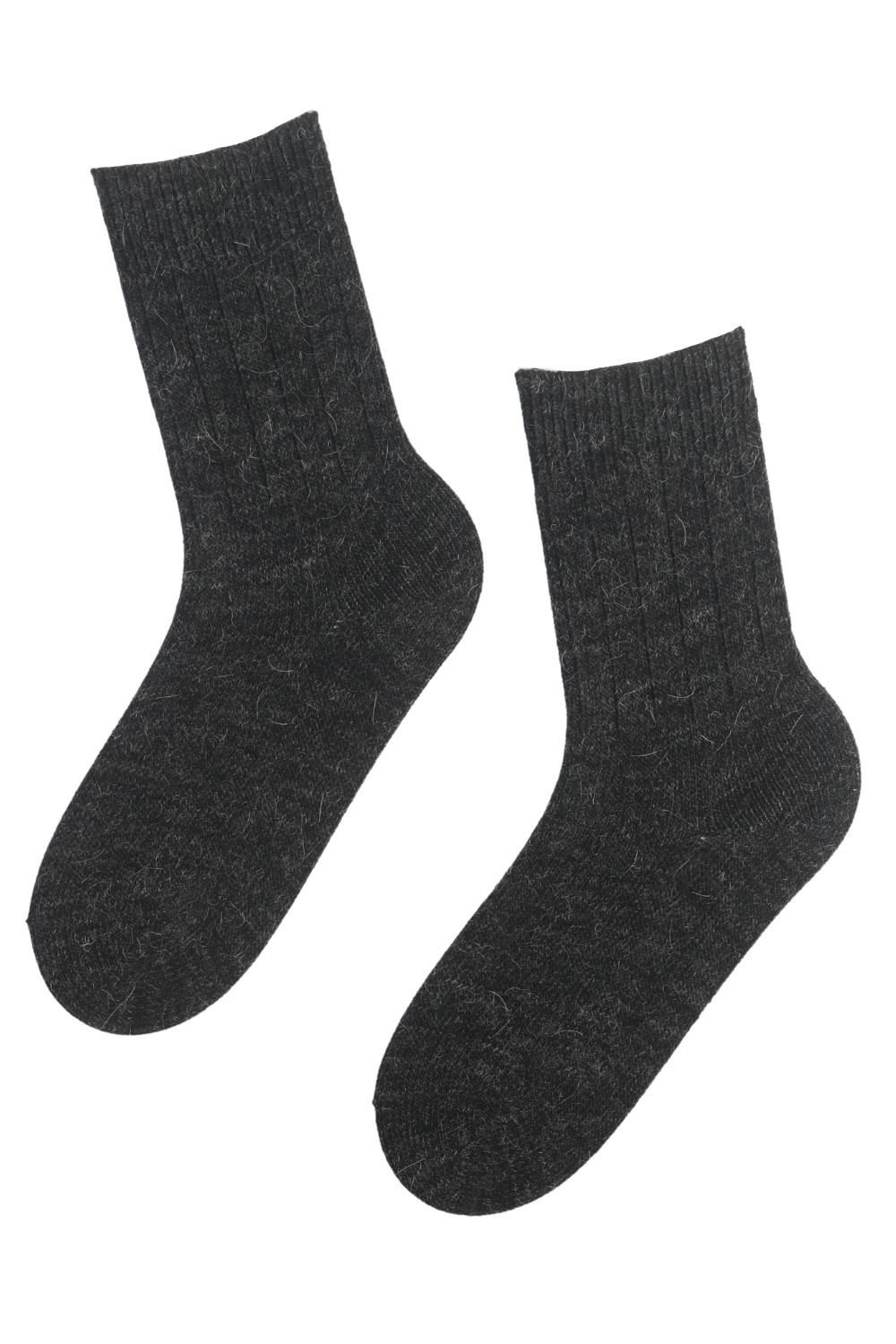 A pair of luxurious black alpaca wool socks featuring a classic rib pattern, showcasing their soft texture and elegant design.