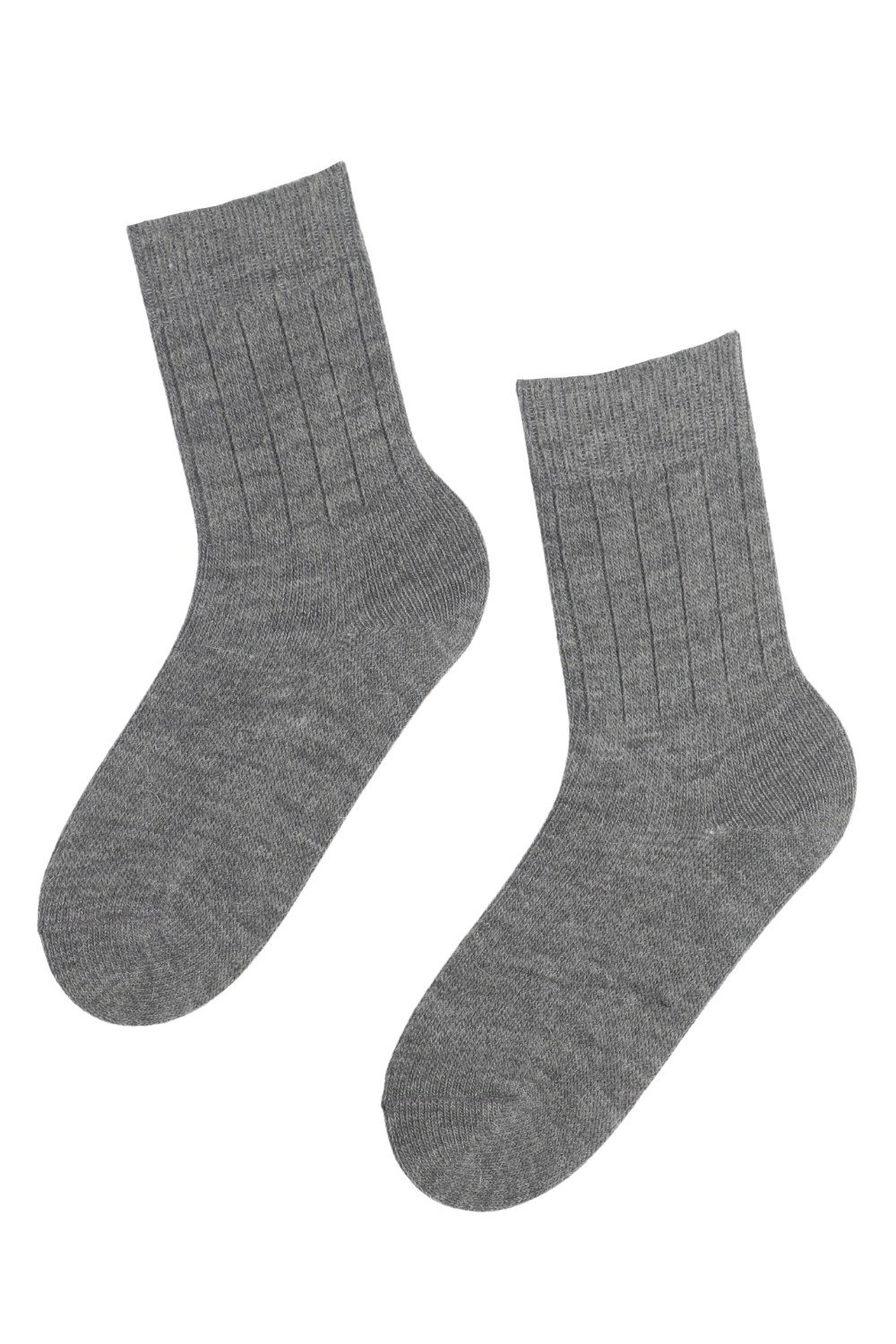 A pair of grey alpaca wool socks featuring a classic rib pattern, showcasing their soft texture and elegant design.