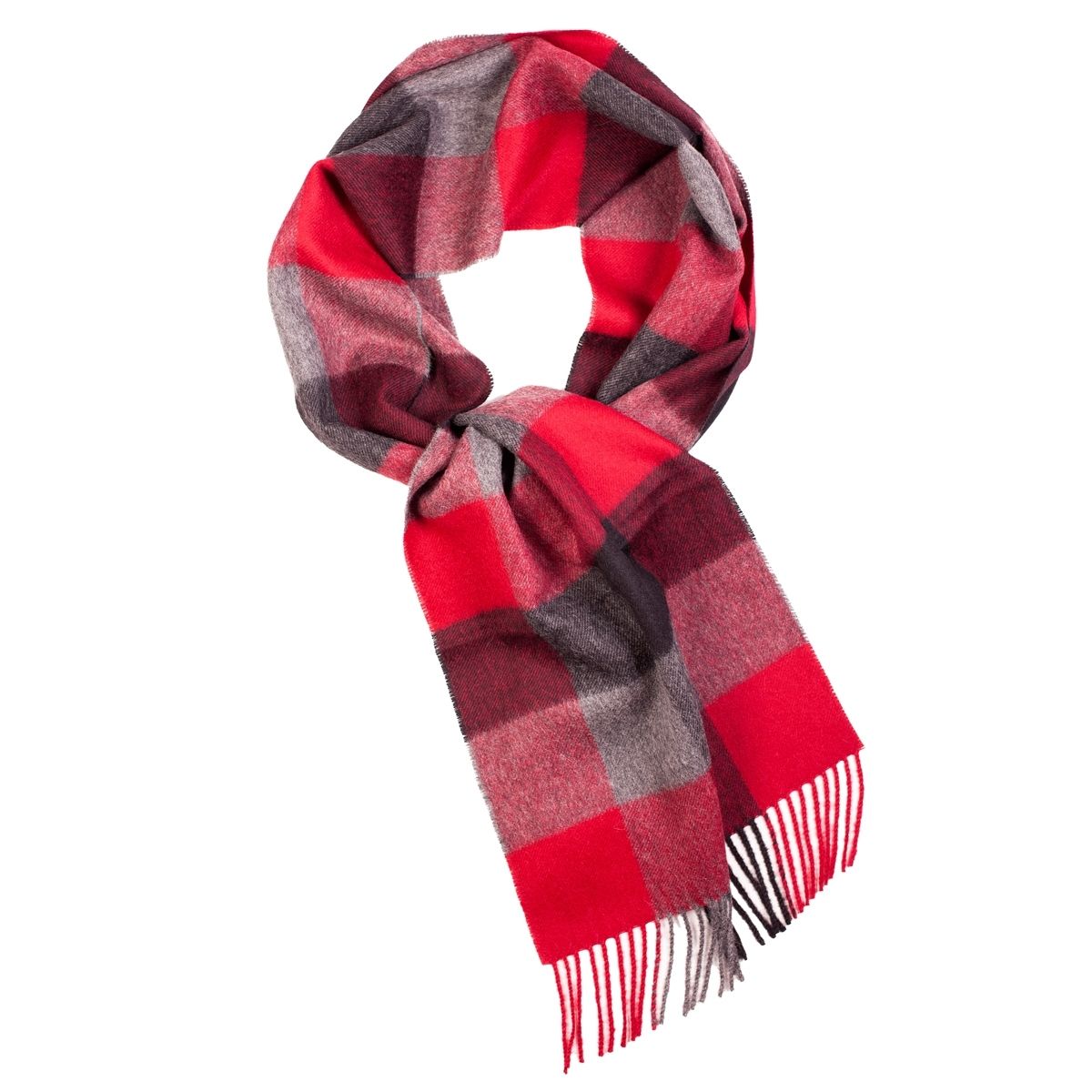 A luxurious red checked scarf made from 100% baby alpaca wool, showcasing its soft texture and stylish design.