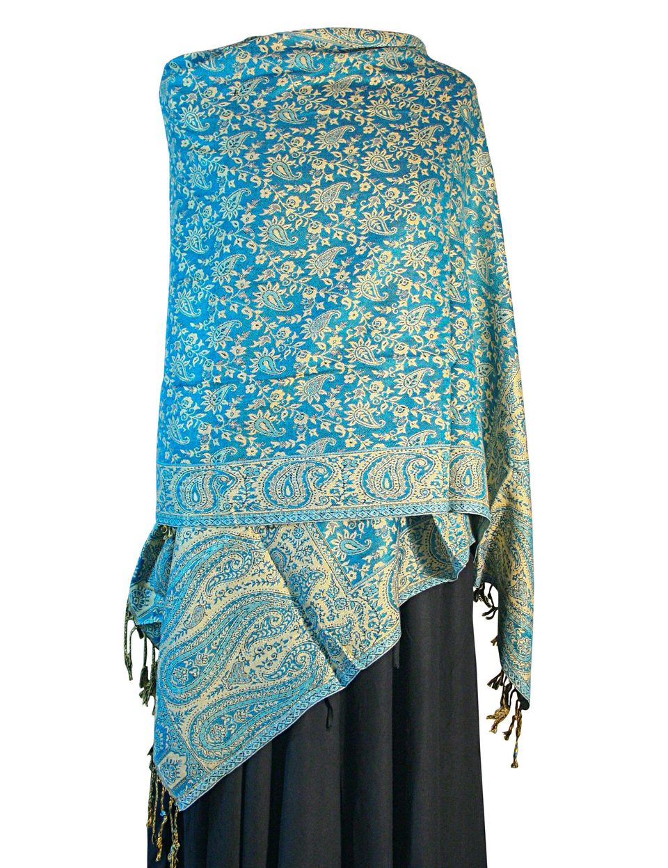 Aqua Green Sand Floral Leaf Teardrop Print Pashmina showcasing vibrant colors and elegant tassels, perfect for versatile styling.