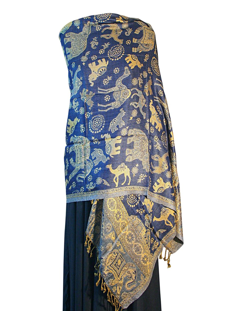 Blue Sand Elephant Camel Print Pashmina, reversible design showcasing vibrant colors and tassel finish, measuring 200 x 75cm.