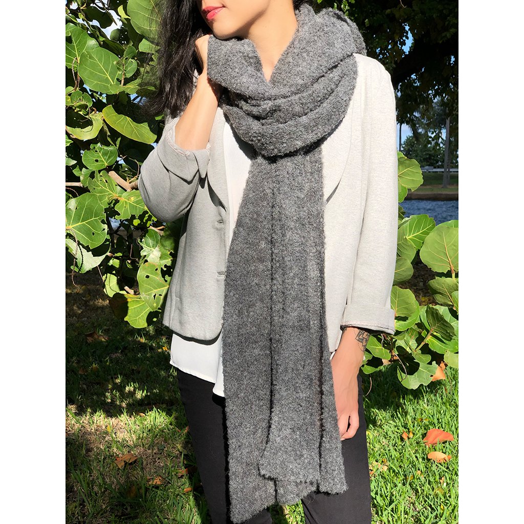 Charcoal Ultra Plush Alpaca Scarf displayed elegantly, showcasing its soft texture and oversized design, perfect for warmth and style.