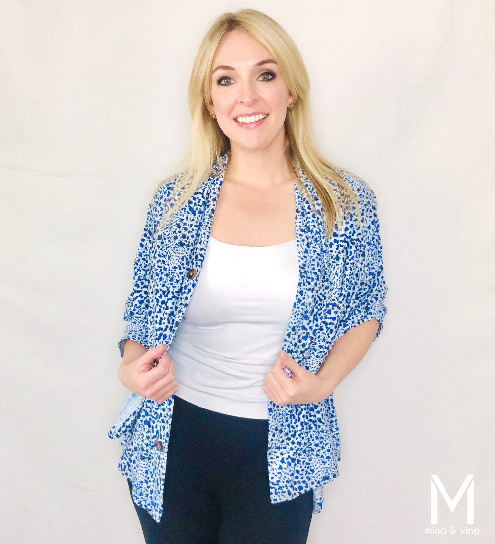 Cheeky Cheetah Multi-Way Smart Scarf featuring navy and mid-toned blue cheetah print, designed for nursing and versatile styling.