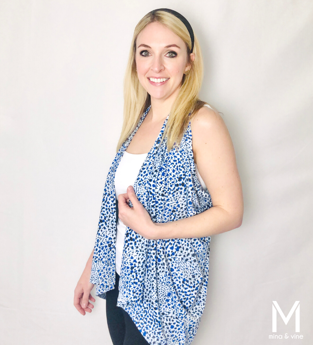 Cheeky Cheetah Multi-Way Smart Scarf featuring navy and mid-toned blue cheetah print, designed for nursing and versatile styling.