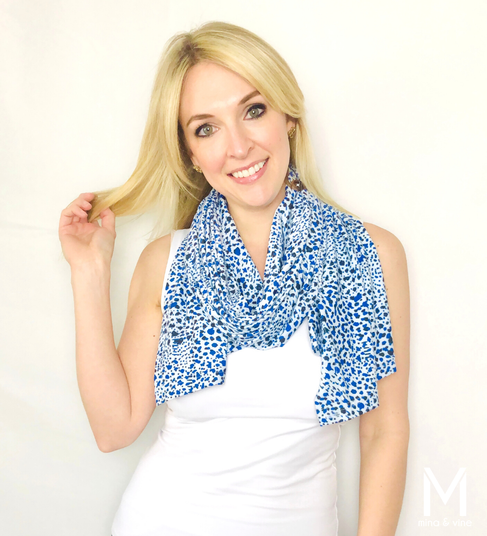 Cheeky Cheetah Multi-Way Smart Scarf featuring navy and mid-toned blue cheetah print, designed for nursing and versatile styling.