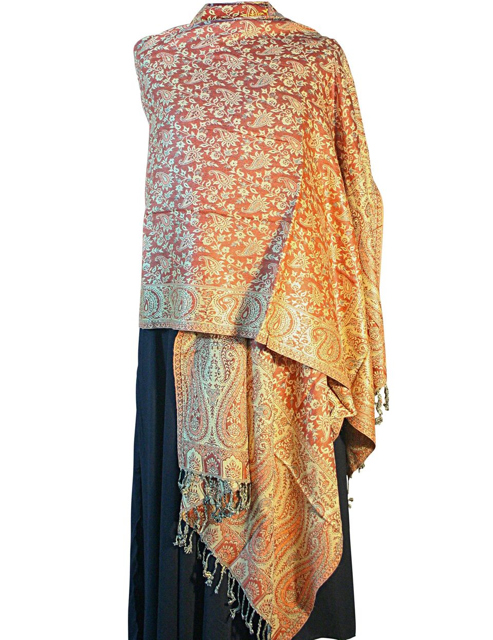 Deep Orange Floral Leaf Teardrop Print Pashmina with tassels, showcasing vibrant colors and reversible design.