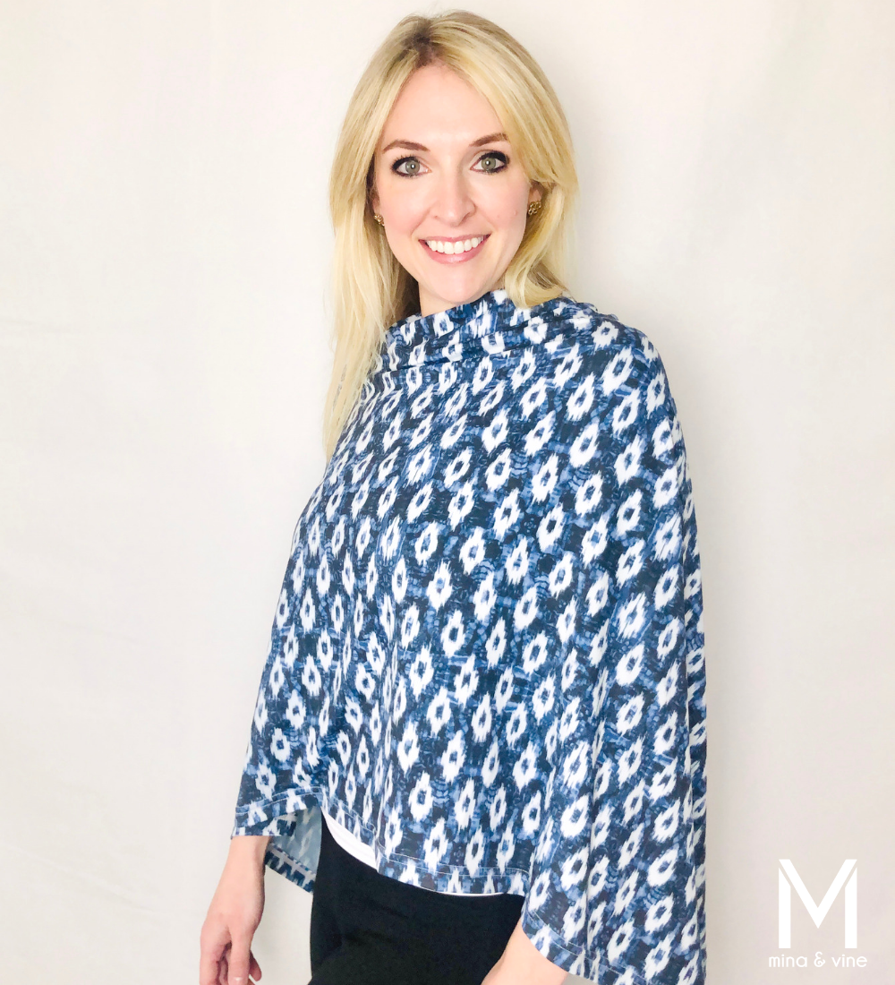A stylish Eye-catching Ikat Multi-Way Smart Scarf featuring a vibrant Ikat print, designed for nursing and versatile use.