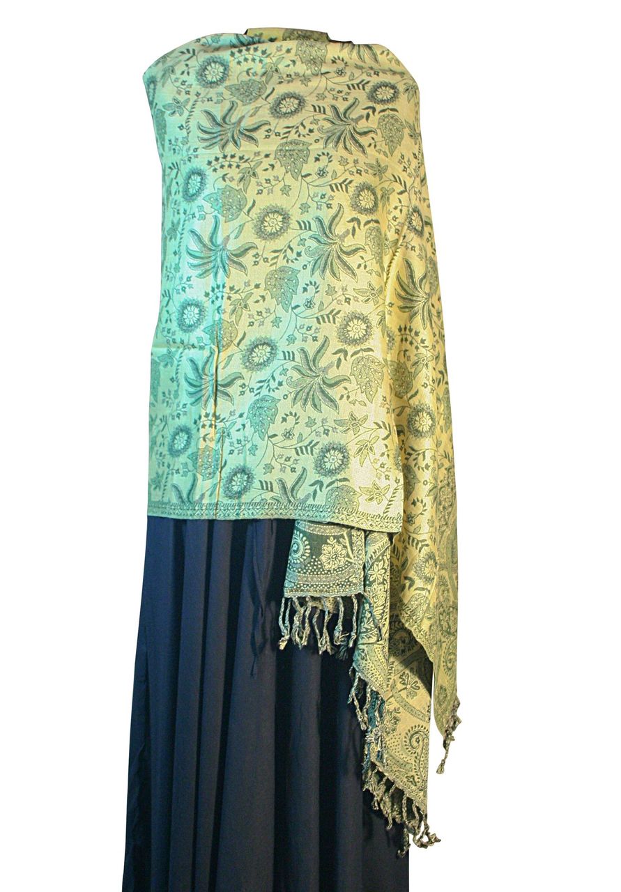 Green Floral Leaf Pashmina showcasing a reversible design with vibrant colors and elegant tassel finish, measuring 200 x 75cm.