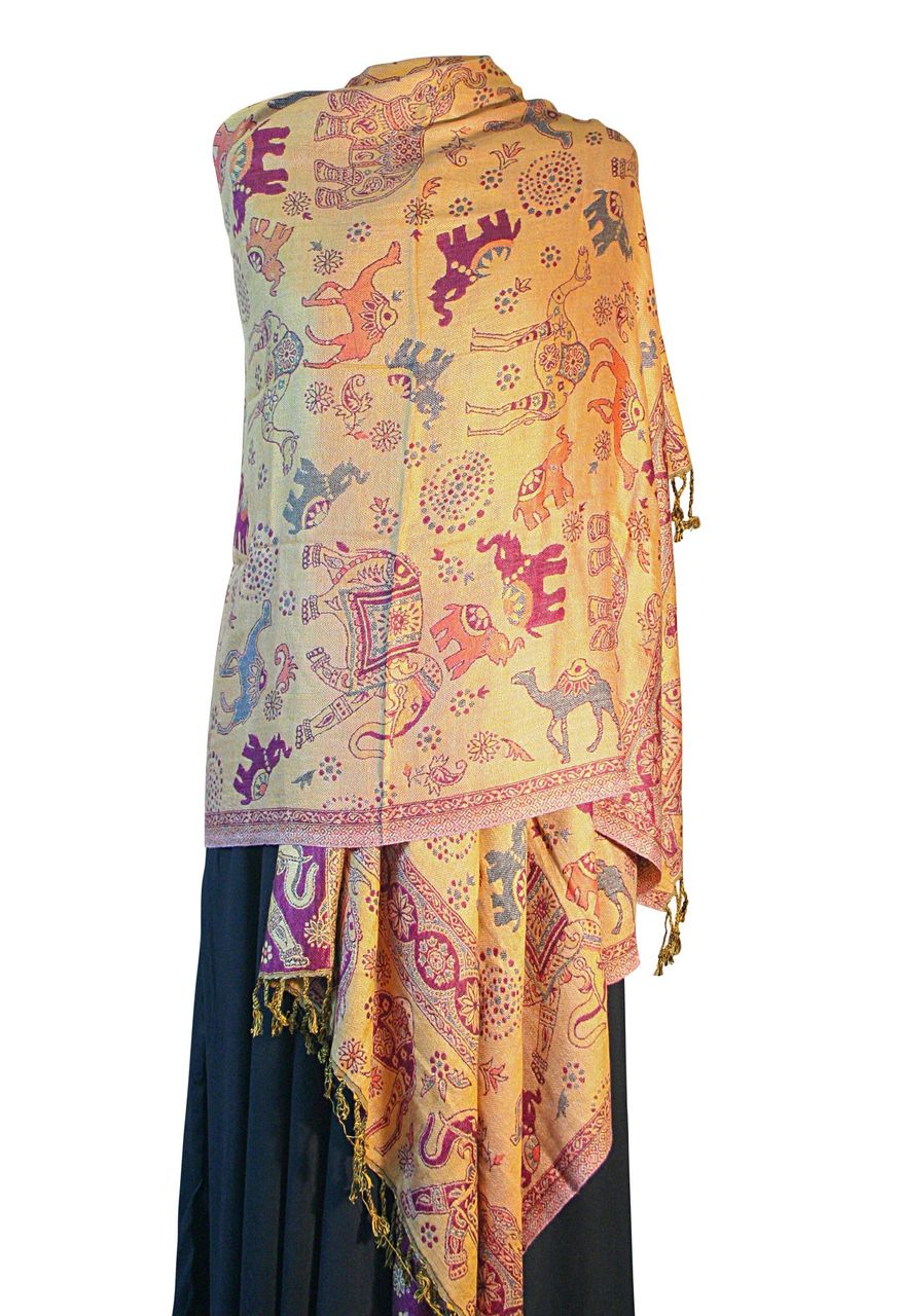 Grey Purple Sand Pashmina featuring Elephant and Camel Print, reversible design with tassel finish.