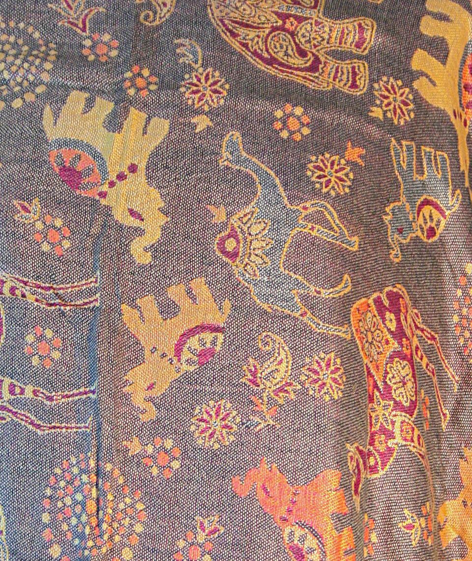 Grey Purple Sand Pashmina featuring Elephant and Camel Print, reversible design with tassel finish.