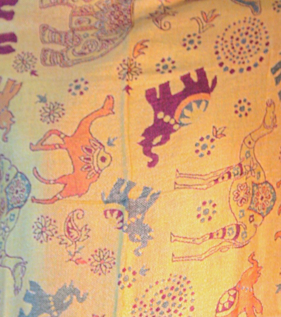 Grey Purple Sand Pashmina featuring Elephant and Camel Print, reversible design with tassel finish.