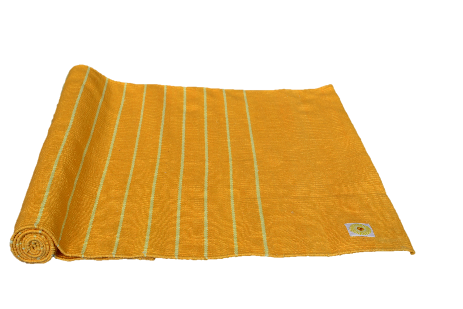 Handwoven cotton yoga rug featuring OM design, fringes, and vibrant colors, ideal for meditation and yoga practice.