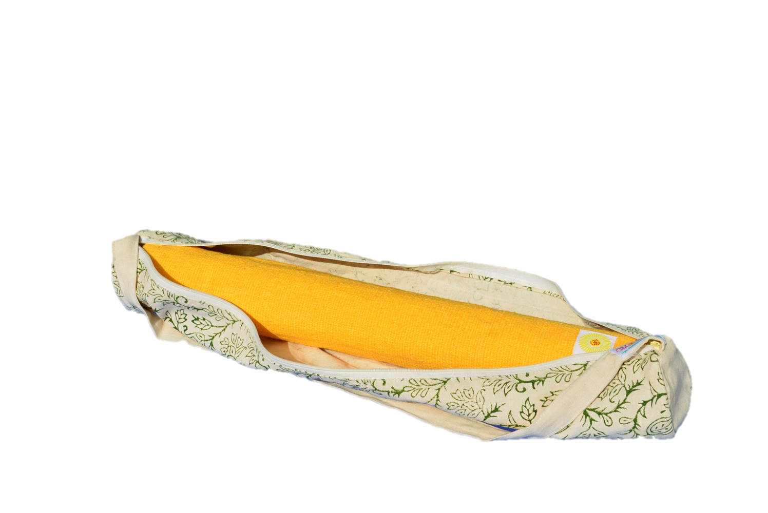 Handwoven cotton yoga rug featuring OM design, fringes, and vibrant colors, ideal for meditation and yoga practice.