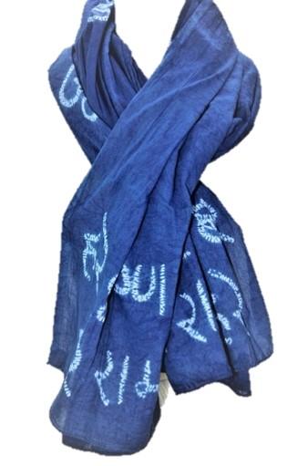 Hare Rama Hare Krishna Prayer Shawl featuring indigo dye and intricate stitching of the Maha Mantra on lightweight cotton voile fabric.