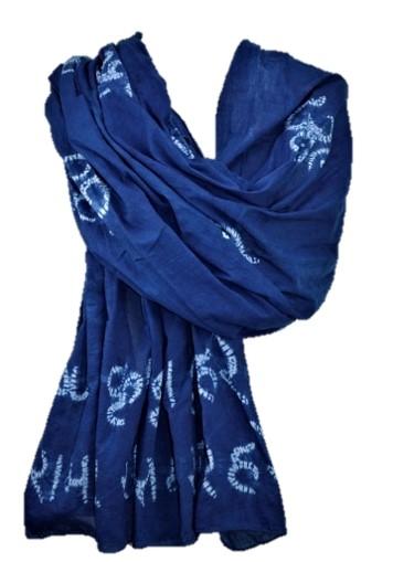 Hare Rama Hare Krishna Prayer Shawl featuring indigo dye and intricate stitching of the Maha Mantra on lightweight cotton voile fabric.