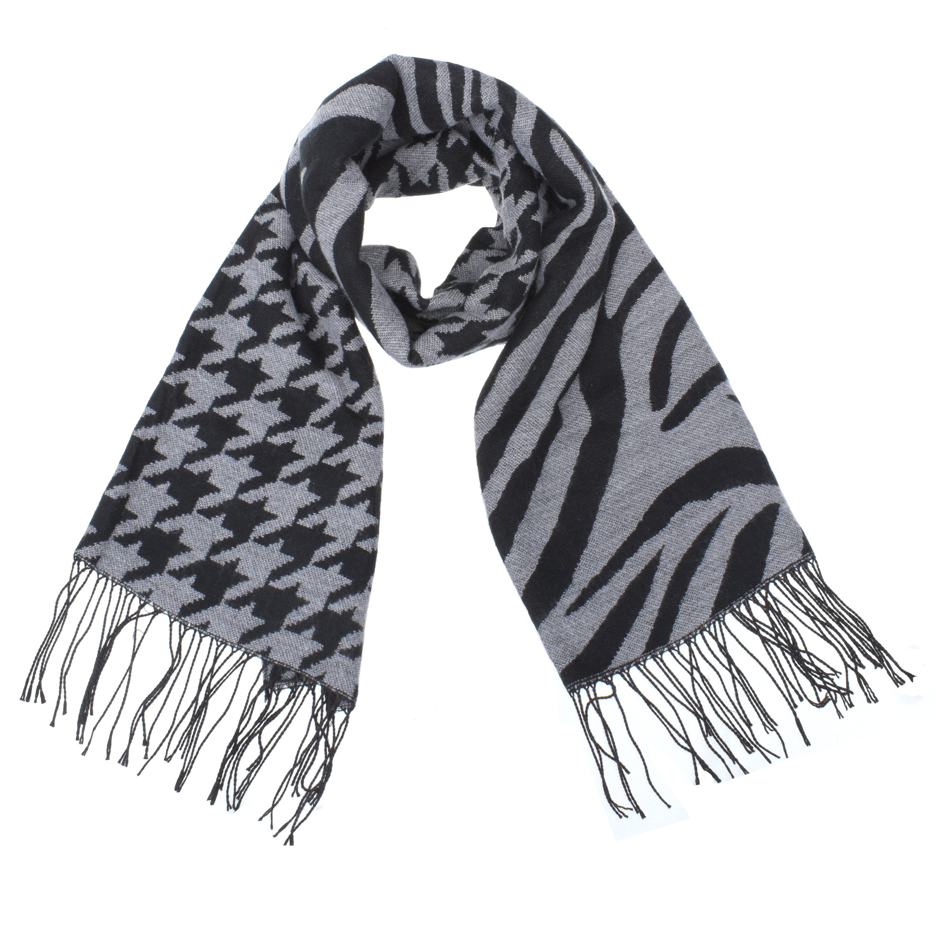 Large Houndstooth and Zebra Combo Scarf displayed elegantly, showcasing its oversized design and unique patterns.