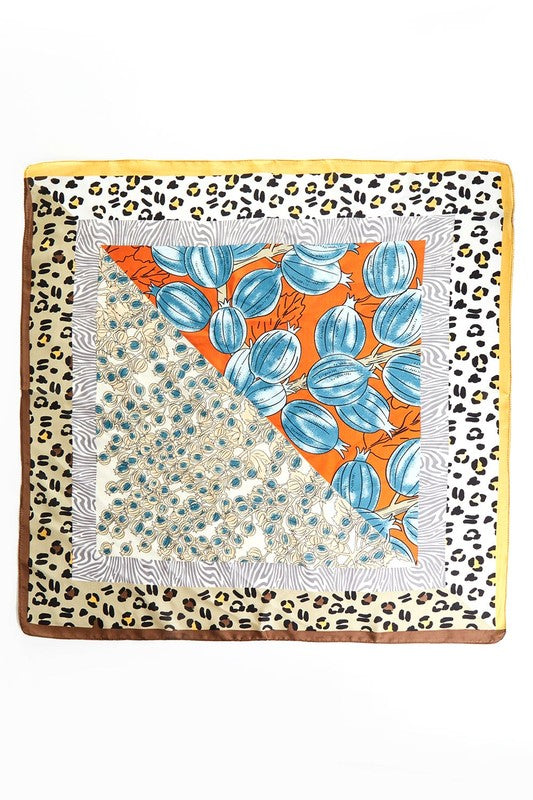 A luxurious Mix Animal Printed Silky Square Scarf featuring vibrant animal prints in a silky texture, measuring 27.5 inches square.