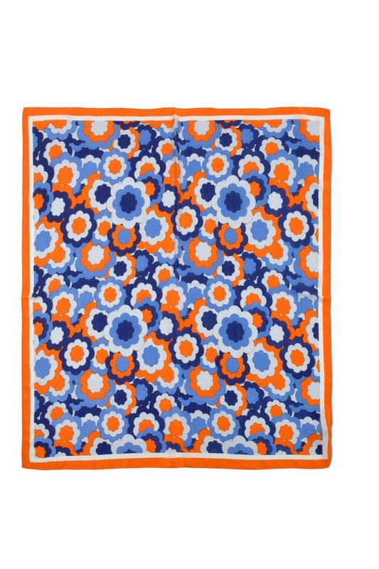 A luxurious 27.5-inch square scarf featuring a vibrant mix flower drawing print, made from 100% polyester, showcasing its silky texture.