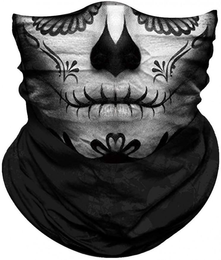 Colorful Dia de Muertos neck gaiter featuring intricate designs, perfect for face mask and headwear.