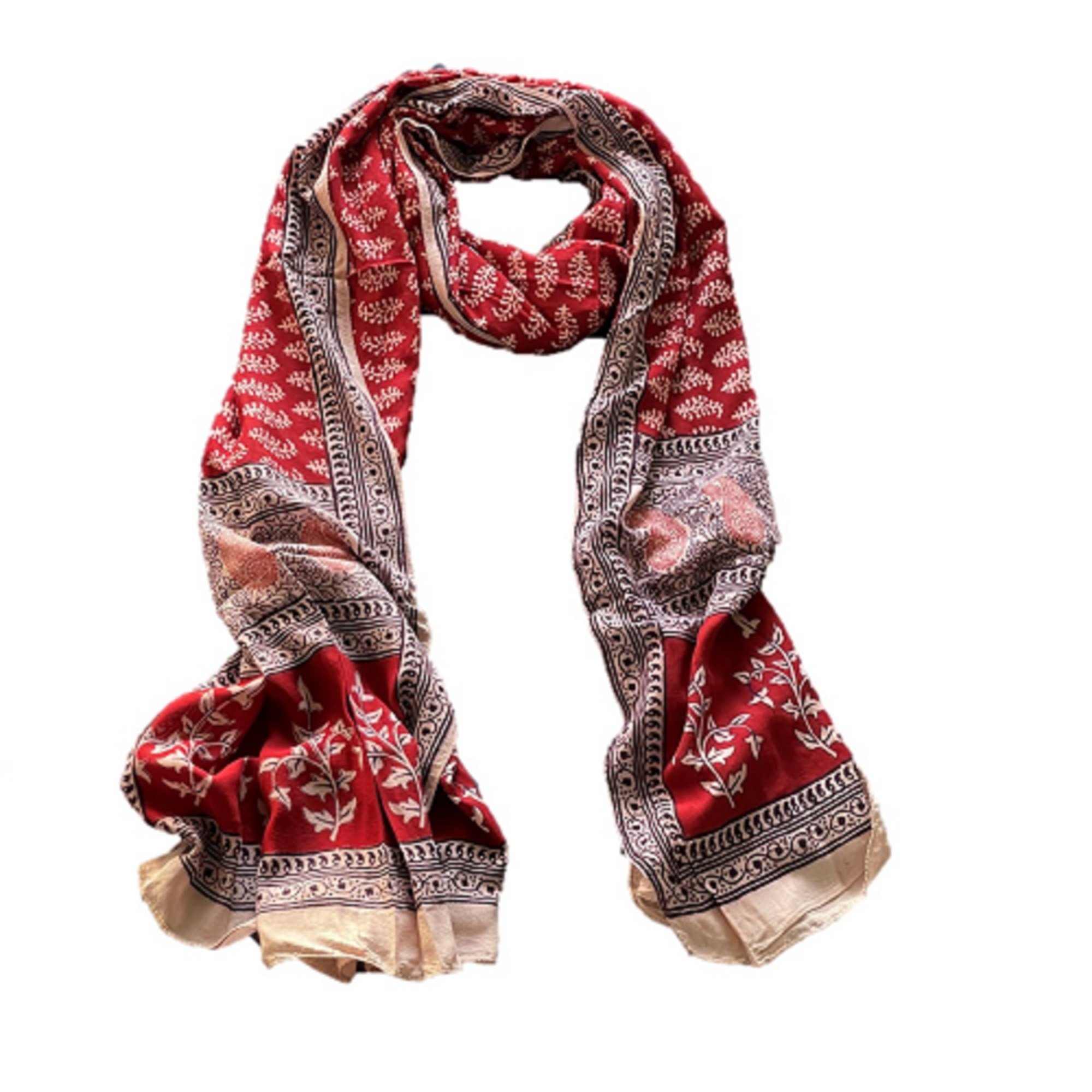 Red and black paisley design hand block printed cotton fabric showcasing intricate floral patterns and vintage motifs.