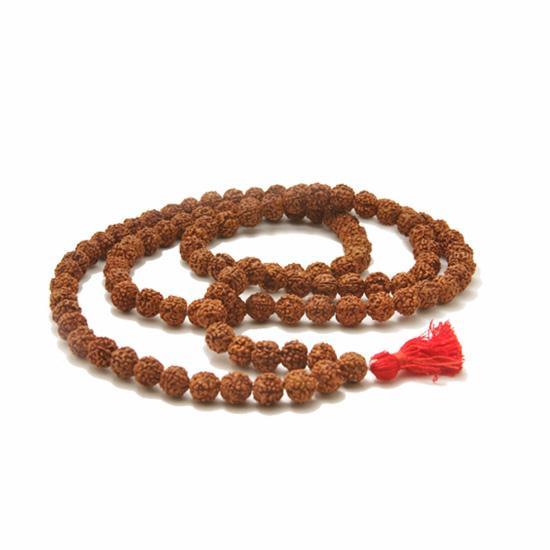 Rudraksha Natural Beads Mala featuring 108 sacred beads, encased for protection, with a Sumeru bead for meditation.