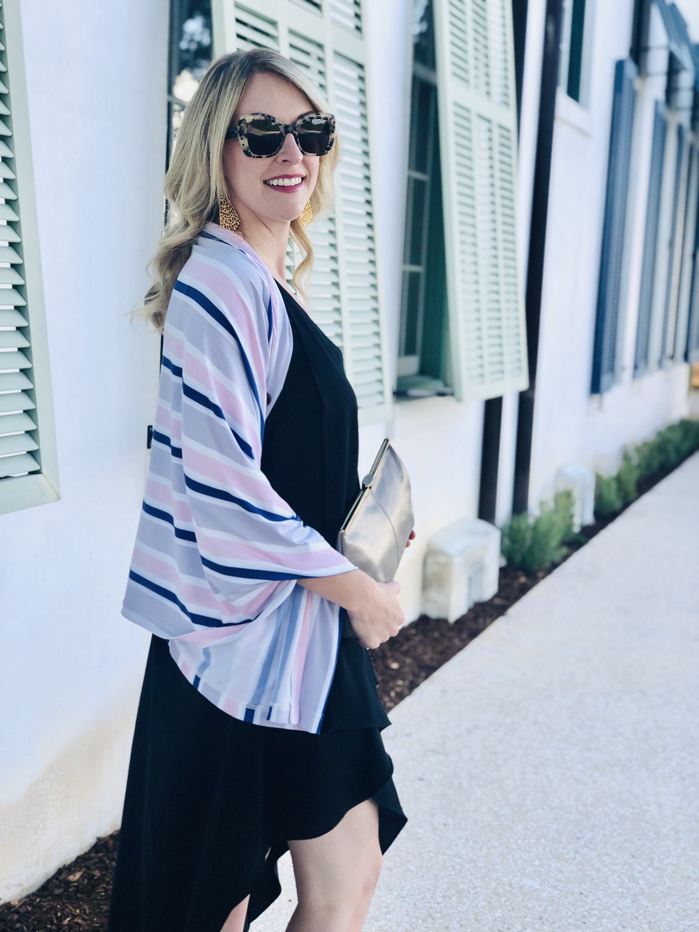 Savvy Stripe Multi-Way Smart Scarf in pink, navy, and grey, showcasing its stylish design and versatility for nursing and everyday use.