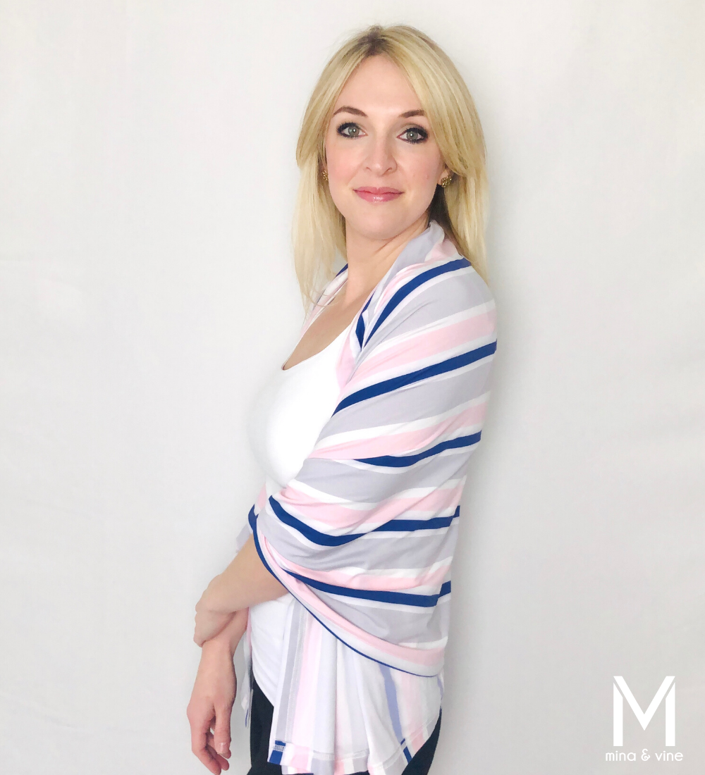 Savvy Stripe Multi-Way Smart Scarf in pink, navy, and grey, showcasing its stylish design and versatility for nursing and everyday use.
