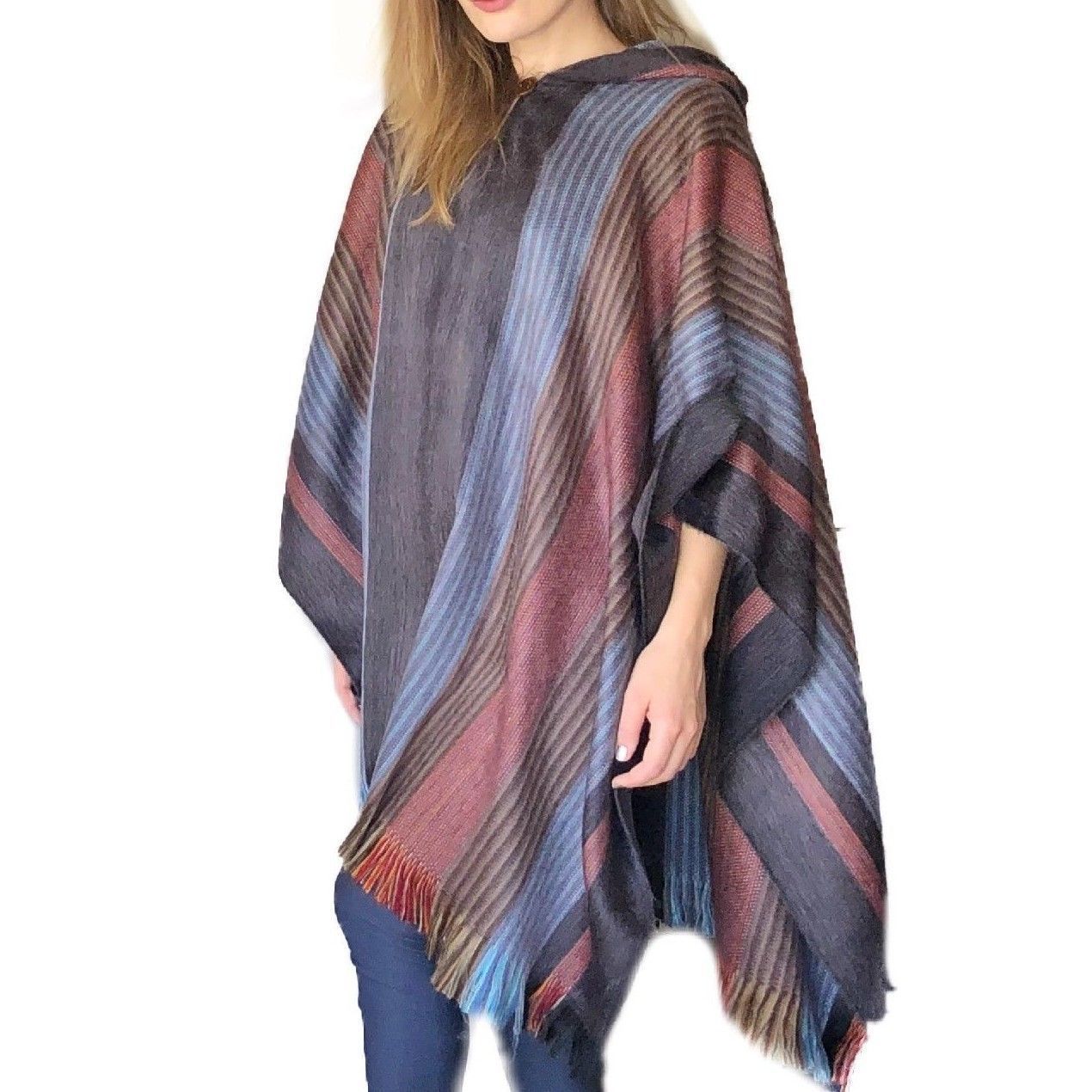 A beautifully crafted Six Band Alpaca Poncho featuring intricate patterns of colored bands, showcasing a blend of soft alpaca wool and acrylic.