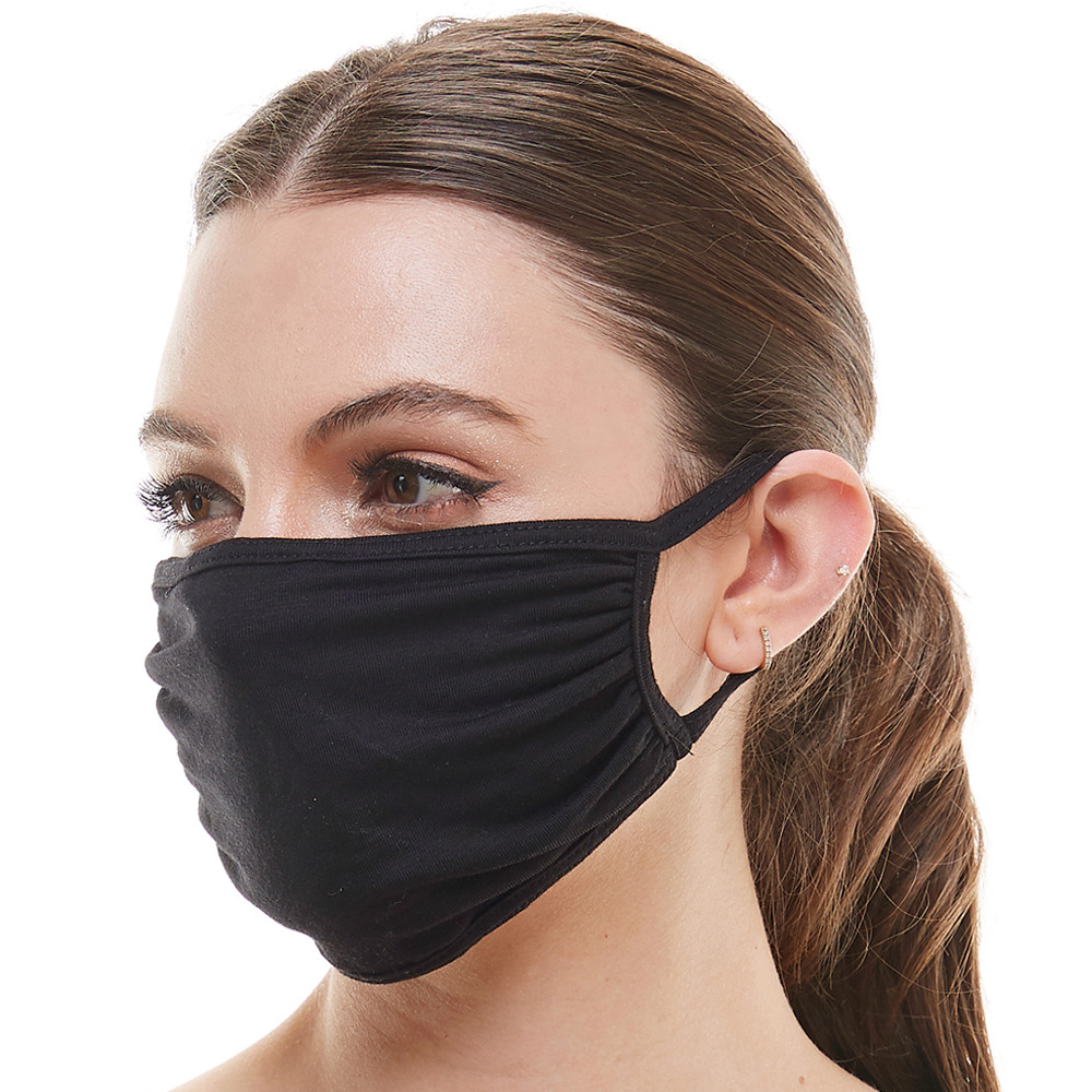 Solid black washable reusable fabric face mask with elastic ear bands, made from heavy cotton blend, designed for comfort and full coverage.