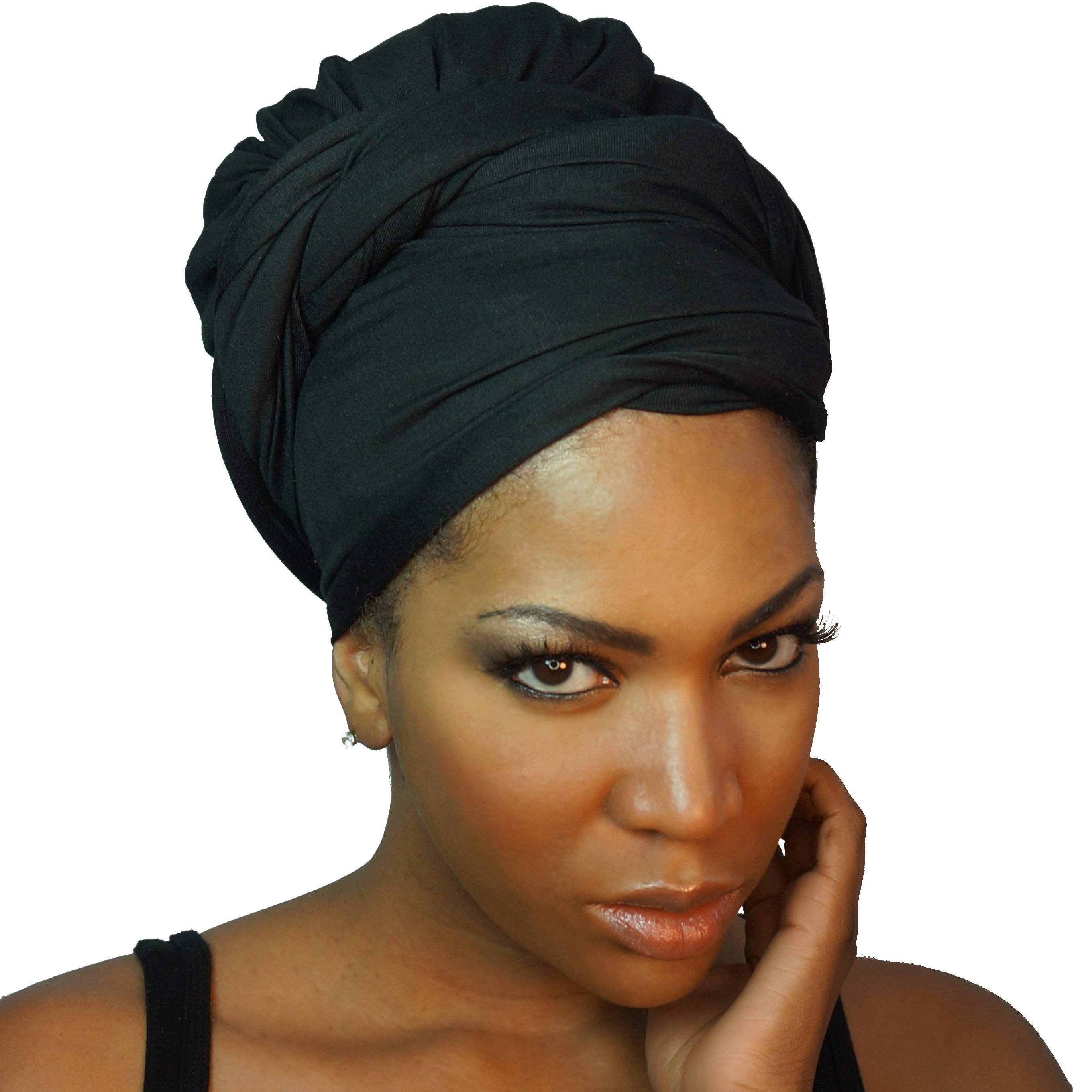 Black Stretch Jersey Knit African HeadWrap, showcasing its soft fabric and versatile design, perfect for various styling options.