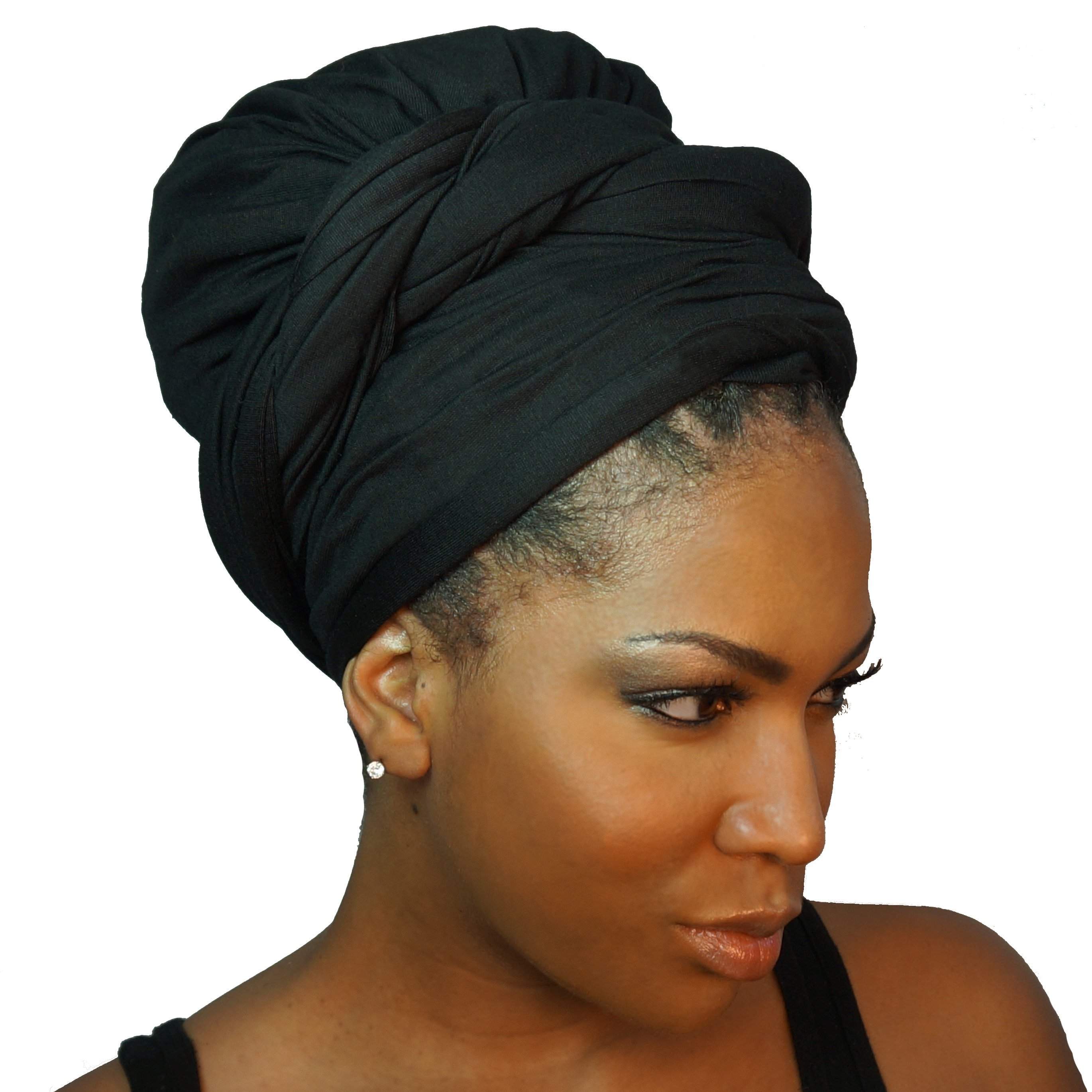 Black Stretch Jersey Knit African HeadWrap, showcasing its soft fabric and versatile design, perfect for various styling options.