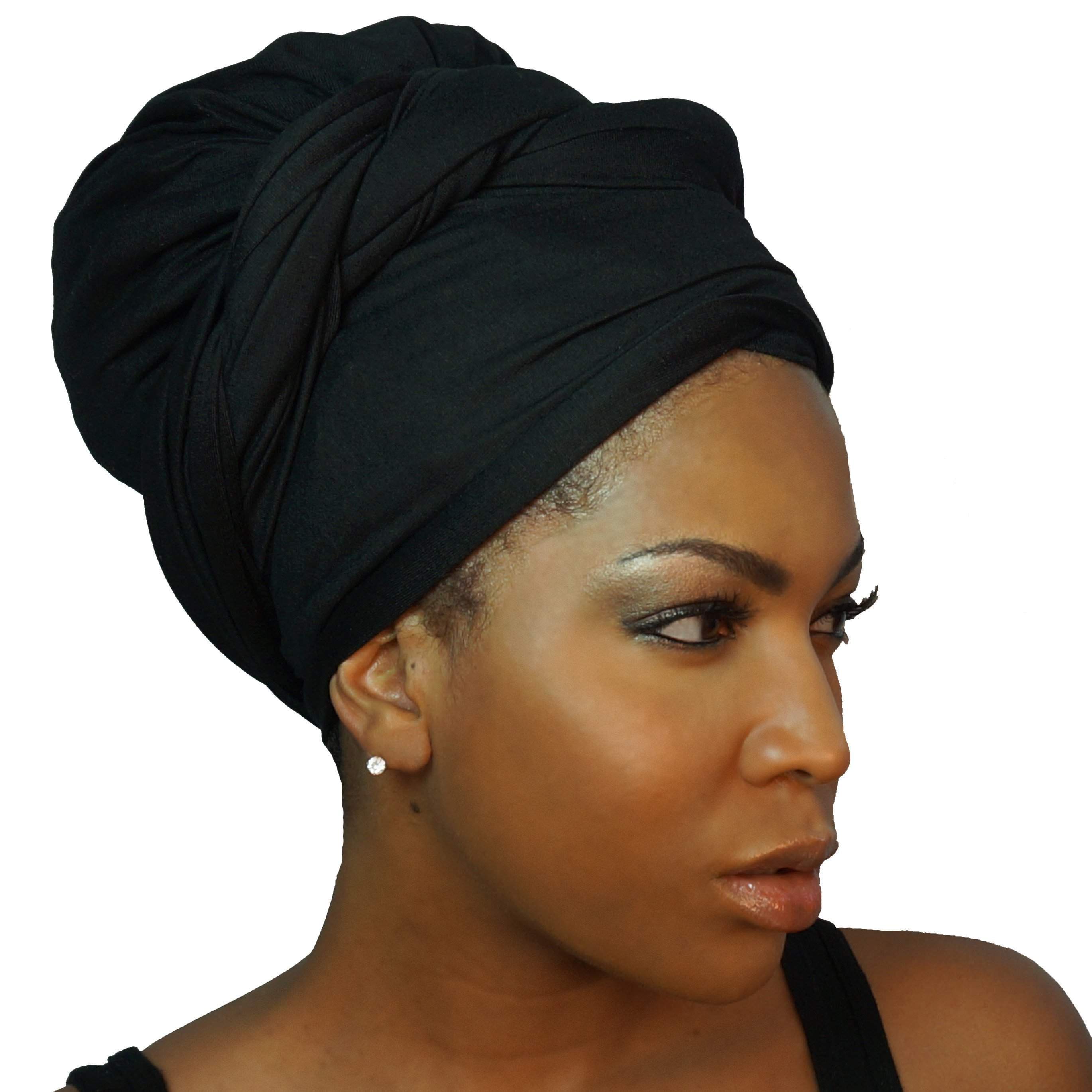Black Stretch Jersey Knit African HeadWrap, showcasing its soft fabric and versatile design, perfect for various styling options.