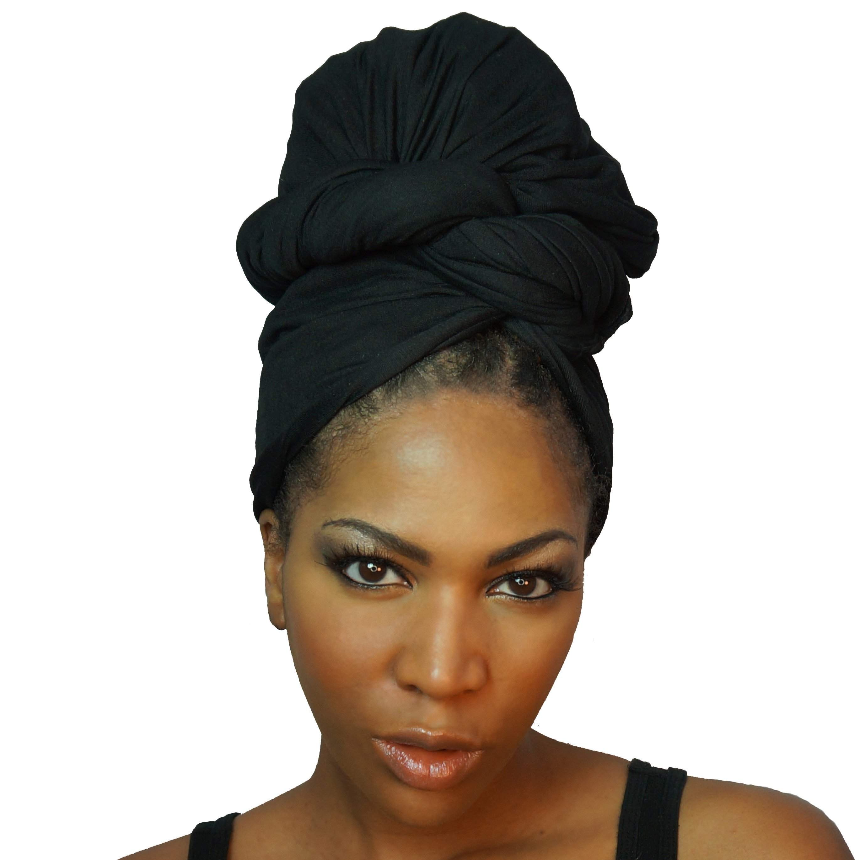 Black Stretch Jersey Knit African HeadWrap, showcasing its soft fabric and versatile design, perfect for various styling options.