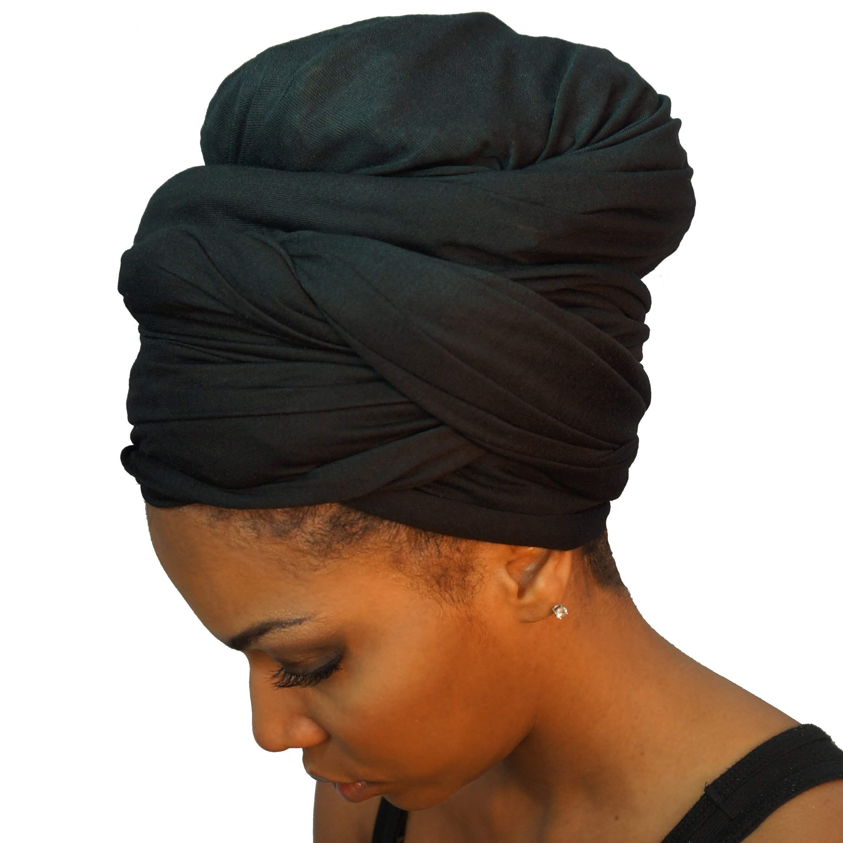 Black Stretch Jersey Knit African HeadWrap, showcasing its soft fabric and versatile design, perfect for various styling options.