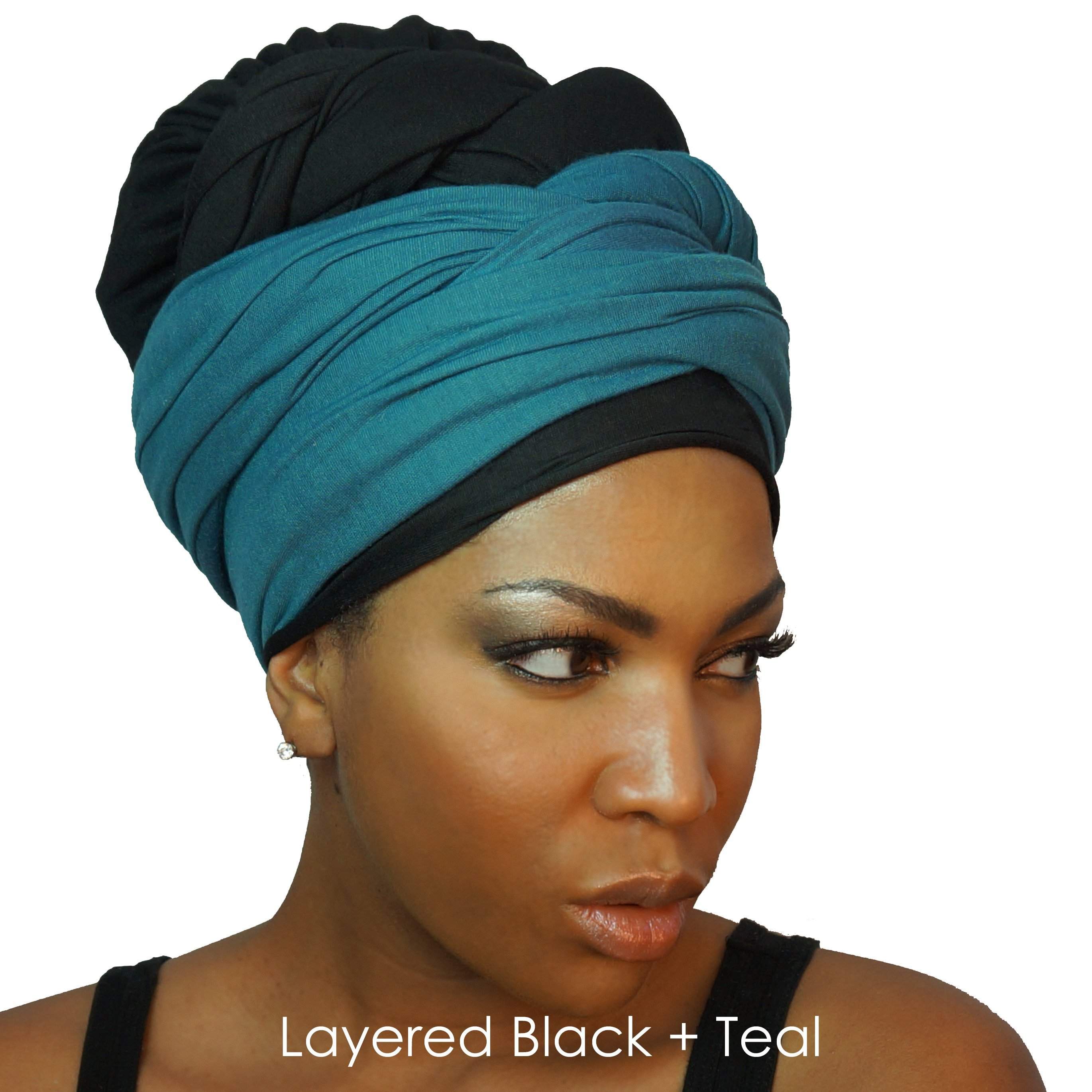 Black Stretch Jersey Knit African HeadWrap, showcasing its soft fabric and versatile design, perfect for various styling options.
