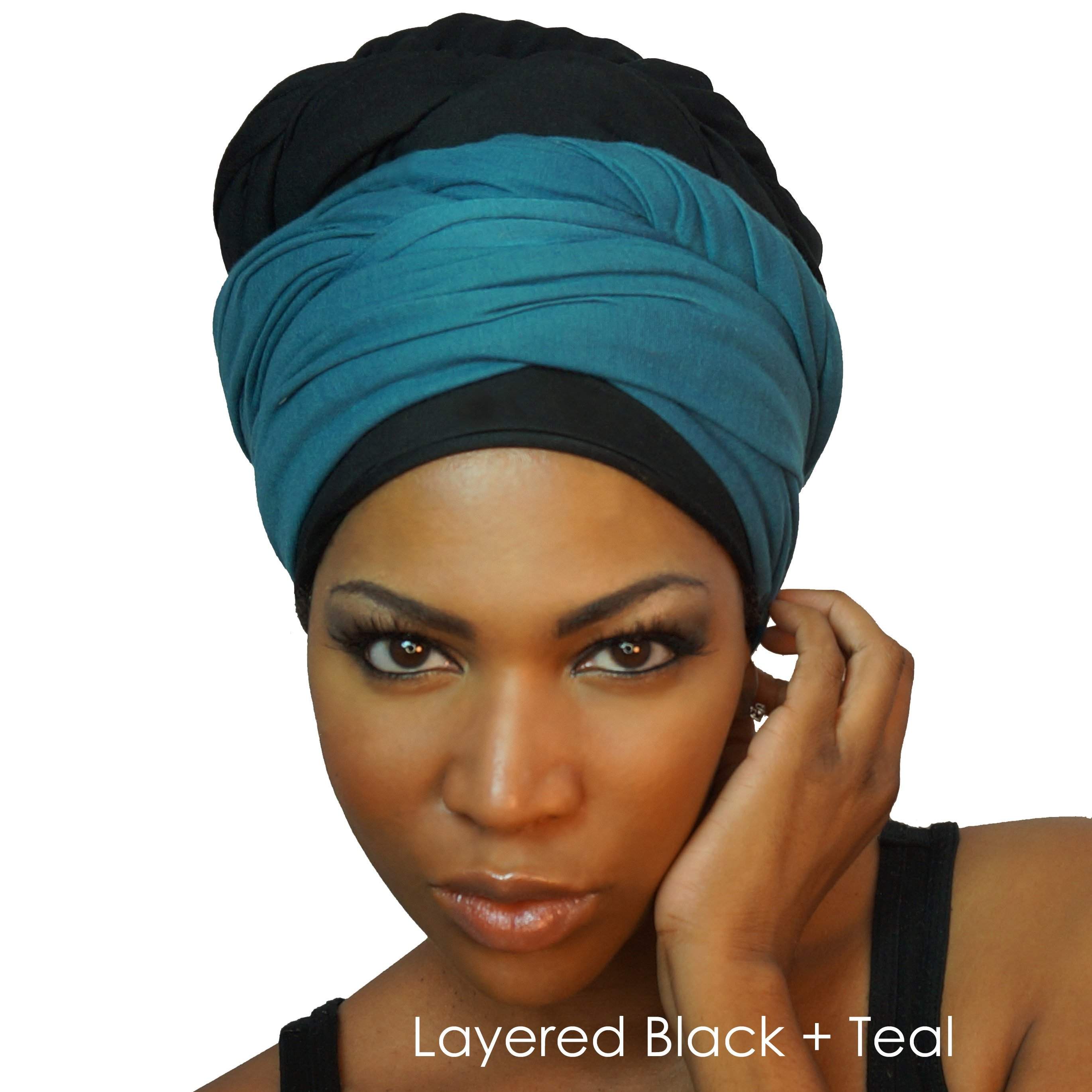 Black Stretch Jersey Knit African HeadWrap, showcasing its soft fabric and versatile design, perfect for various styling options.