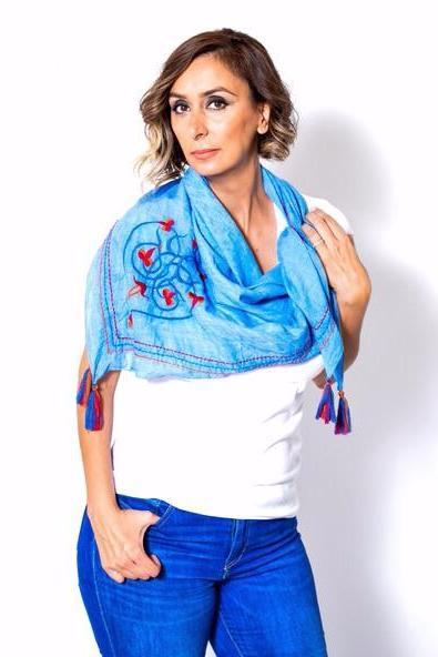 'The Knot' Cotton Scarf featuring heart and floral embroidery in red, blue, and orange colors, elegantly displayed in a gift box.