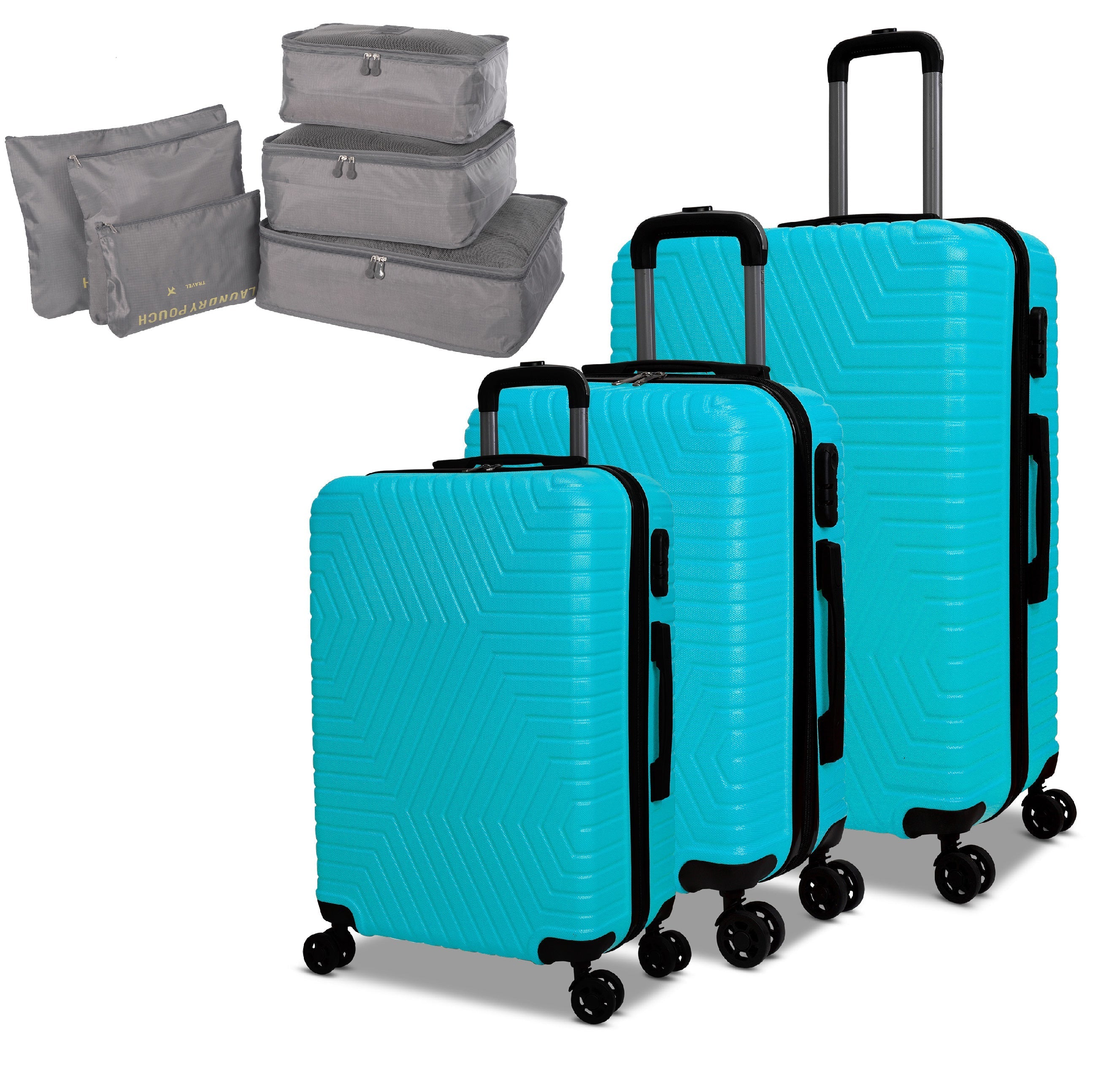 3 Piece Luggage Set Lattitude Collection featuring durable ABS outer shell, spinner wheels, and integrated locking mechanism with luggage organizers.