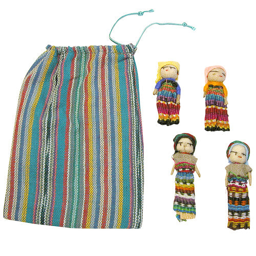 Four colorful handmade worry dolls in a traditional woven bag, symbolizing Mayan culture and stress relief.