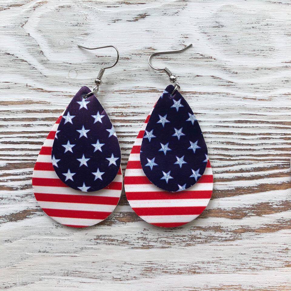 A pair of 4th Of July Teardrop Patriotic Synthetic Leather Earrings featuring vibrant red, white, and blue colors with a 2-inch drop length.